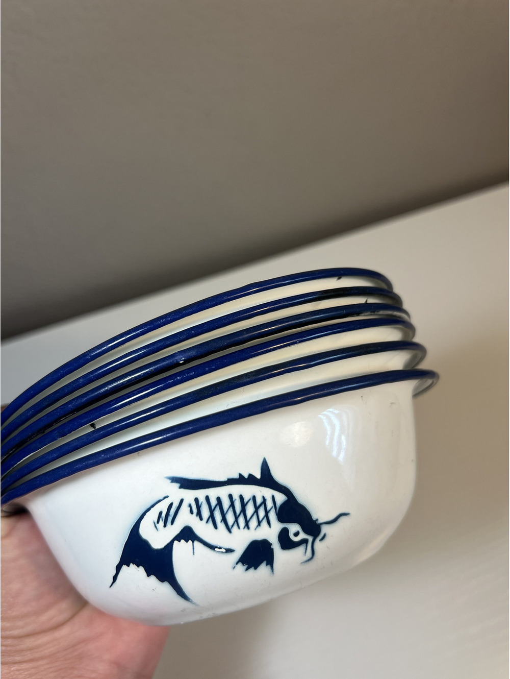 Vintage Butterfly Brand Enamelware Bowls Set of 6 Blue Fish 16cm China